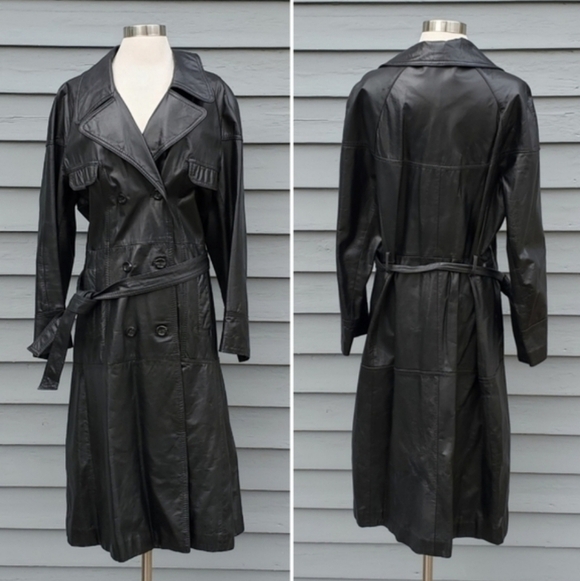 Vintage 70s Black Leather Double Breasted Belted Punk Goth Boho Trench Coat Md - Picture 6 of 6